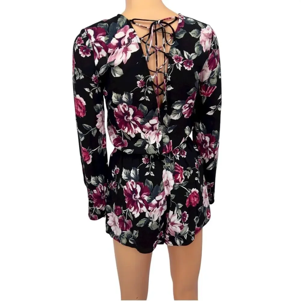 Romantic Goth Floral Romper with Lace-Up Back XS Modern Boho Festival LA Hearts